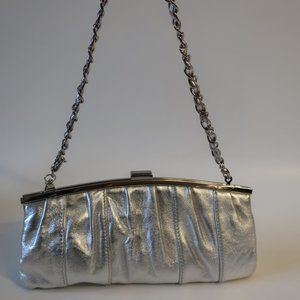 Womens Solas Silver Leather Chain Strap Light Up Framed Clutch Handbag *